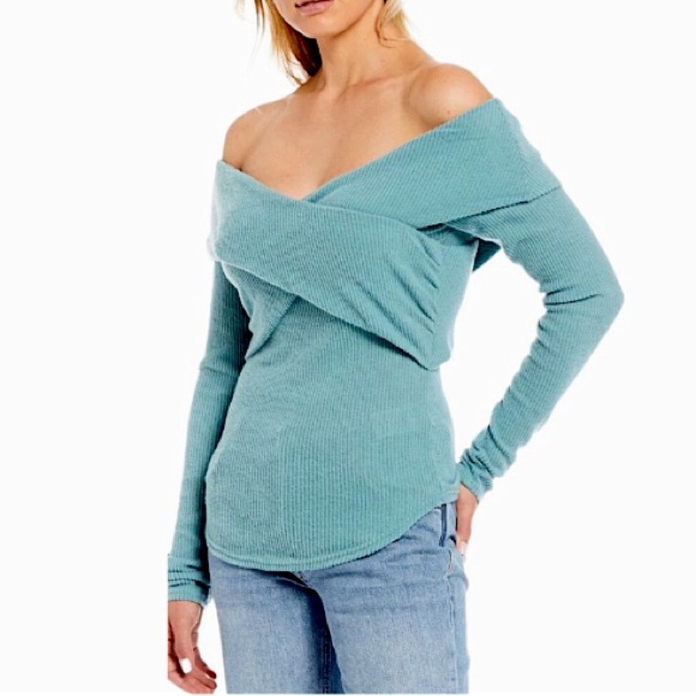 FREE PEOPLE Turquoise Off The Shoulder Cross Over Long Sleeve Ribbed Knit Sz XS